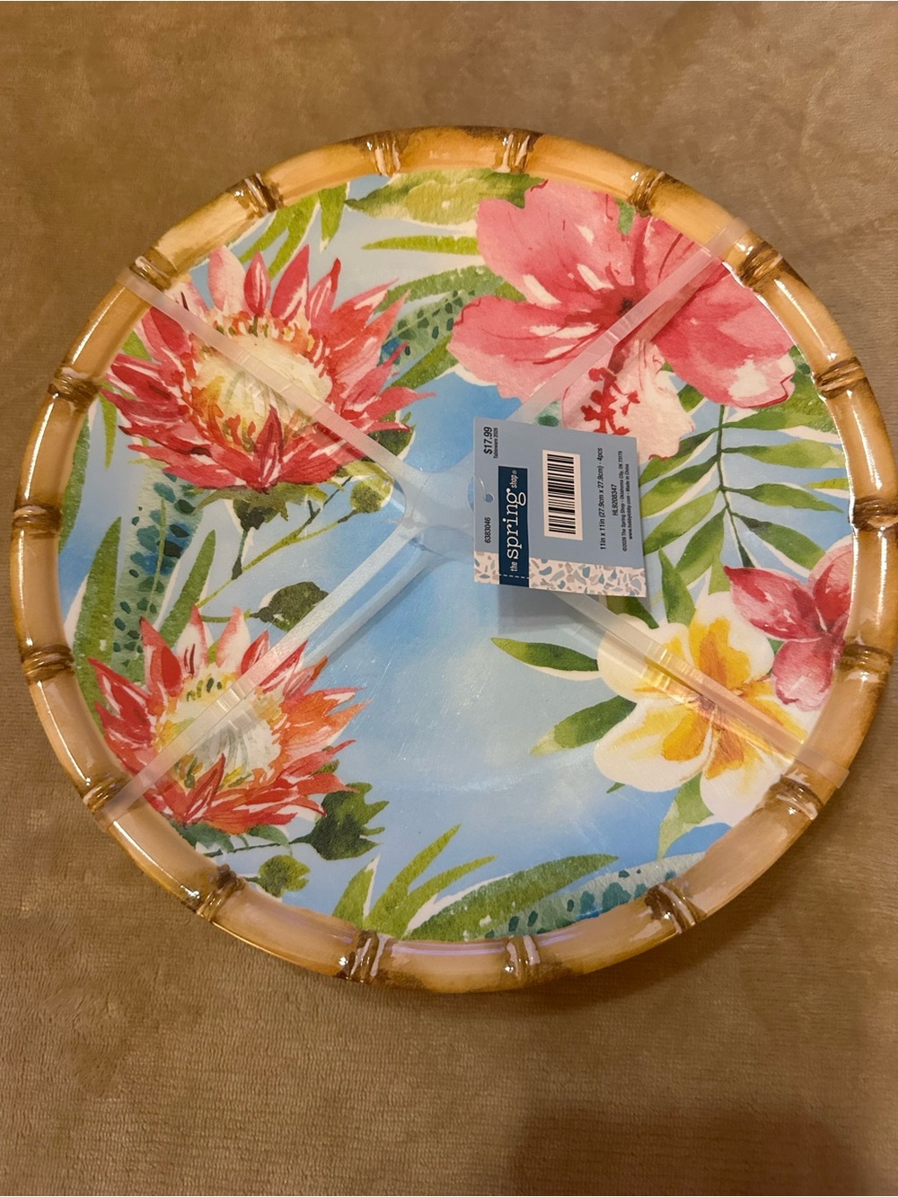 Tropical Floral Bamboo-Edge Large Dinner Plates Set of 4